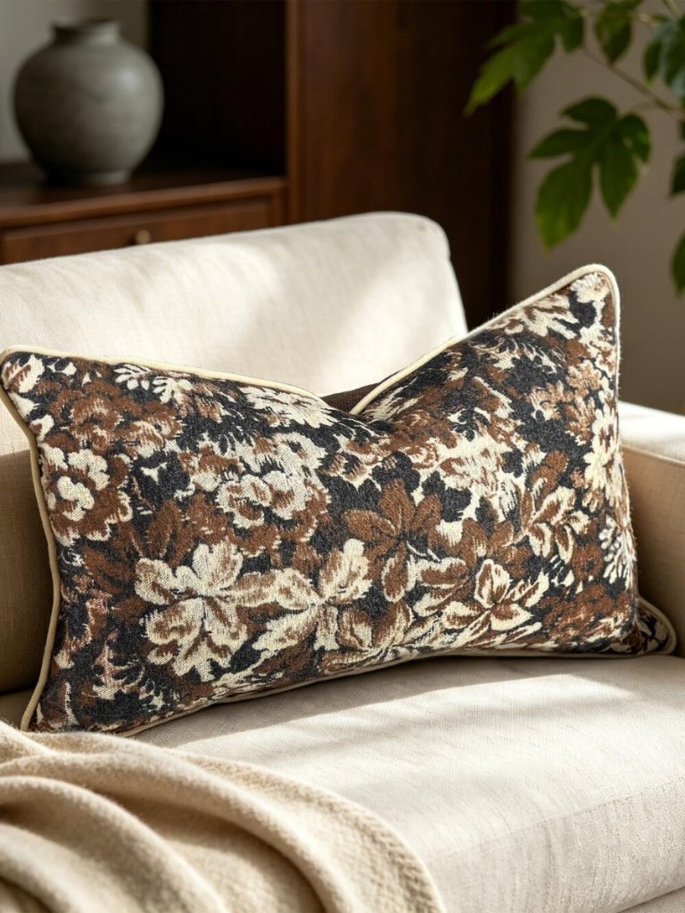 Vintage Throw Pillow Covers 12x20 Inches, Mocha Brown, Pack of 1